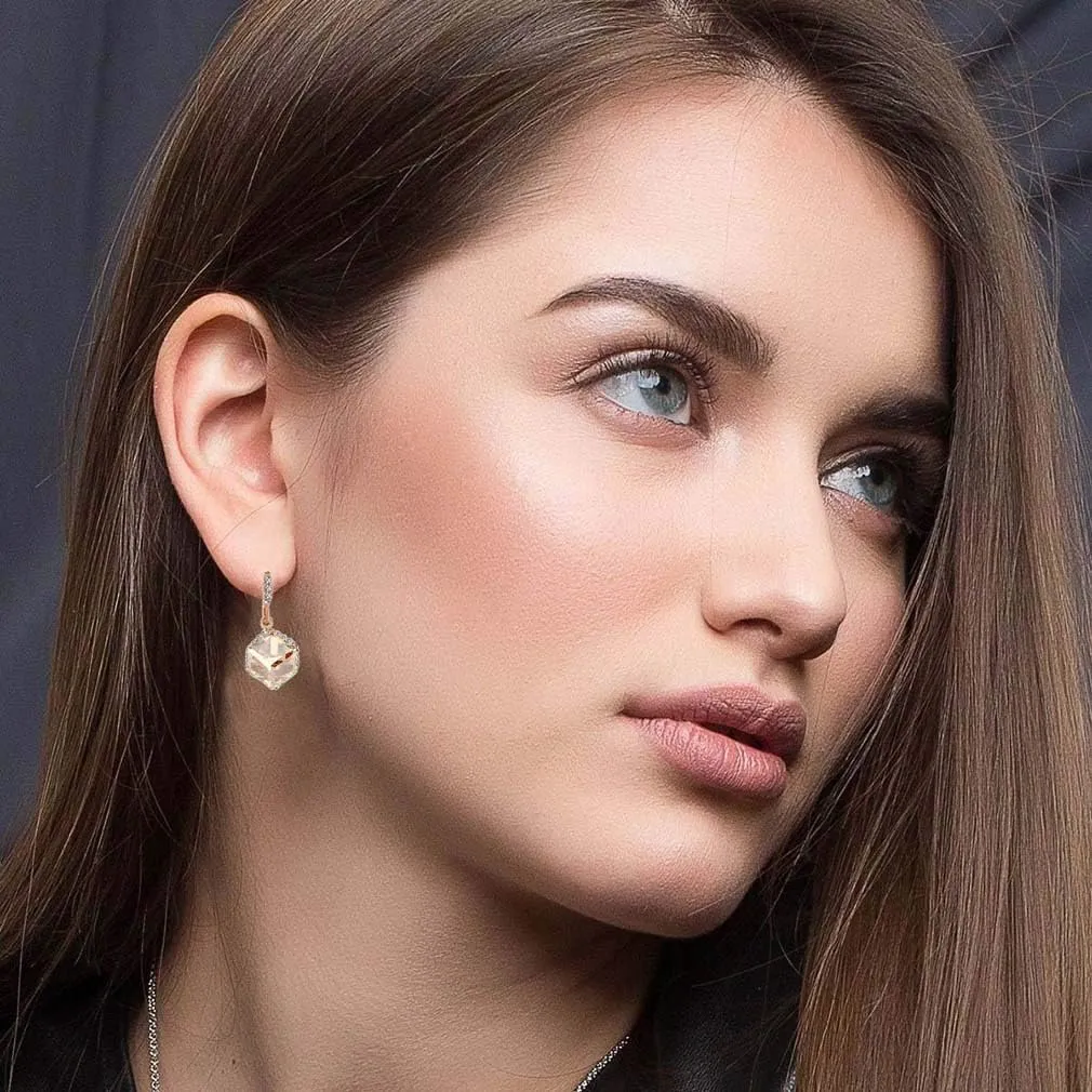 Austrian Crystal Cube Drop Dangle Earrings for Women 14K Gold Plated Hypoallergenic Jewelry