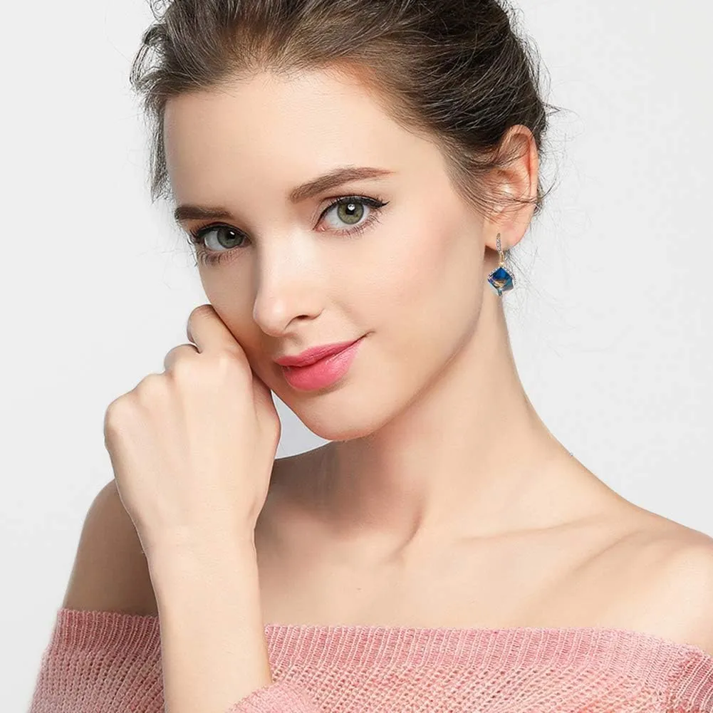 Austrian Crystal Cube Drop Dangle Earrings for Women 14K Gold Plated Hypoallergenic Jewelry