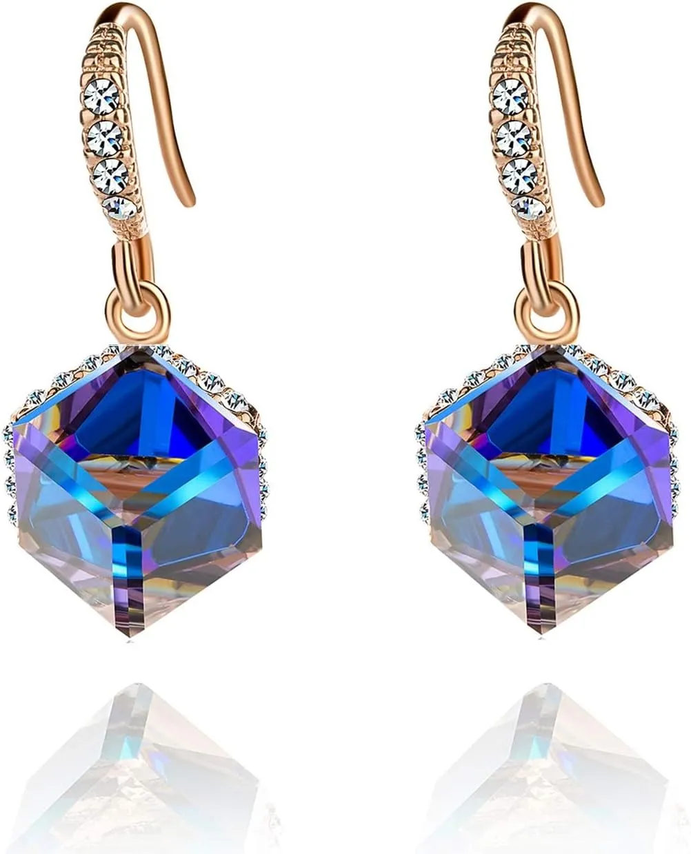 Austrian Crystal Cube Drop Dangle Earrings for Women 14K Gold Plated Hypoallergenic Jewelry
