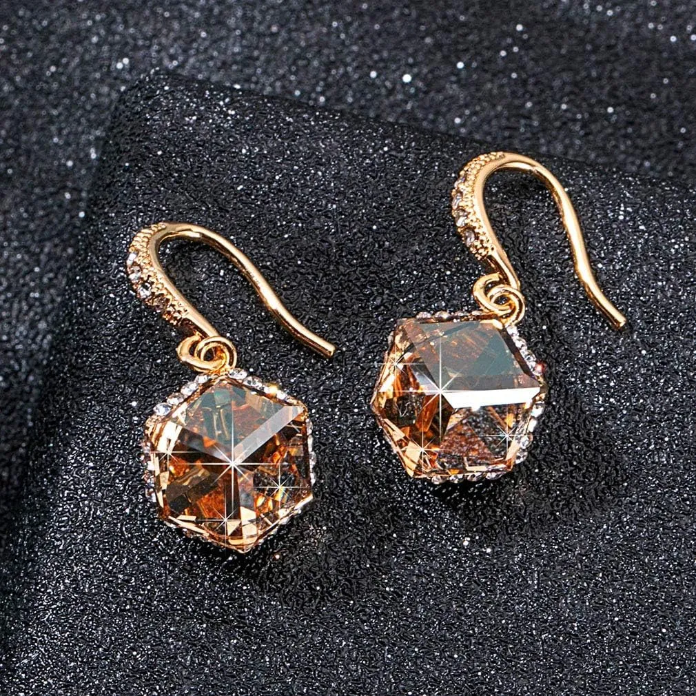 Austrian Crystal Cube Drop Dangle Earrings for Women 14K Gold Plated Hypoallergenic Jewelry