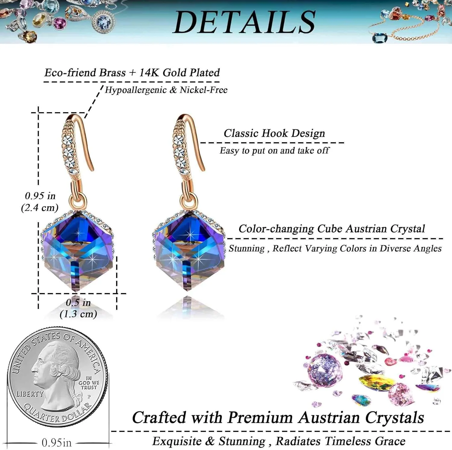 Austrian Crystal Cube Drop Dangle Earrings for Women 14K Gold Plated Hypoallergenic Jewelry
