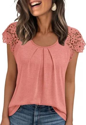 AUTOMET Womens Lace Tops Pleated Short Sleeve Shirts Summer Business Casual Dressy Blouses