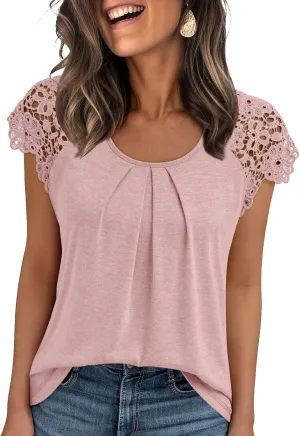AUTOMET Womens Lace Tops Pleated Short Sleeve Shirts Summer Business Casual Dressy Blouses