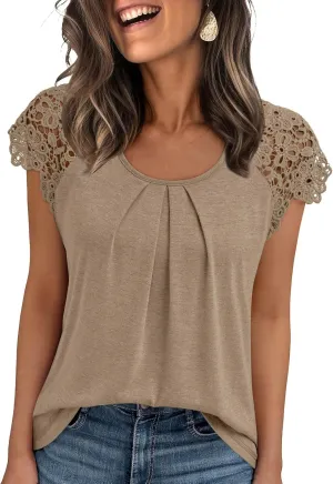 AUTOMET Womens Lace Tops Pleated Short Sleeve Shirts Summer Business Casual Dressy Blouses