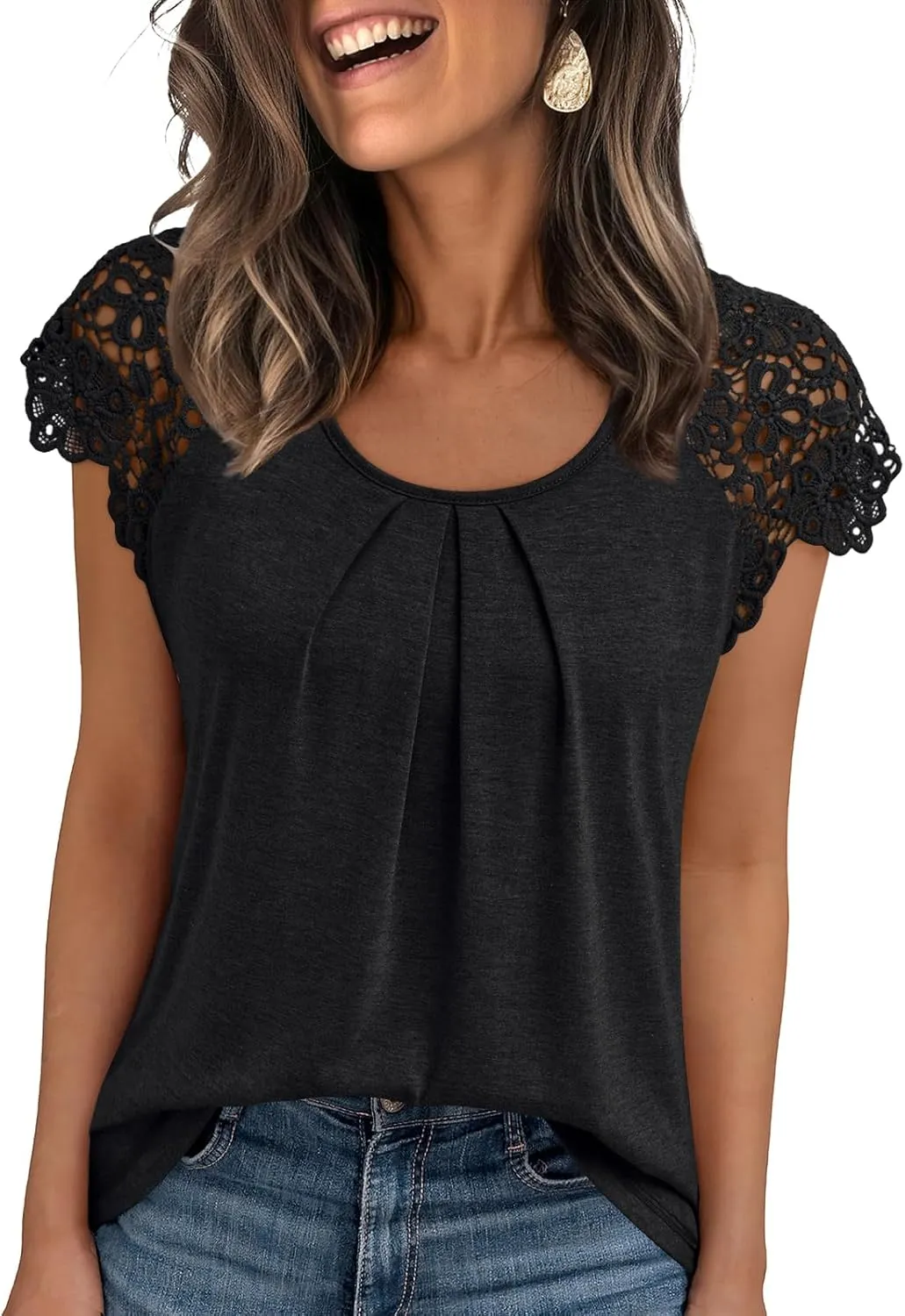 AUTOMET Womens Lace Tops Pleated Short Sleeve Shirts Summer Business Casual Dressy Blouses