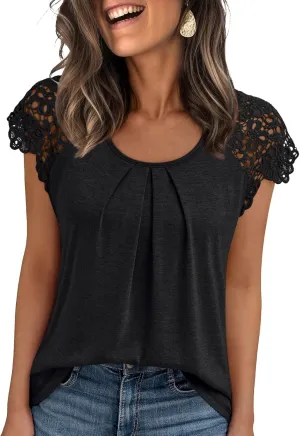 AUTOMET Womens Lace Tops Pleated Short Sleeve Shirts Summer Business Casual Dressy Blouses