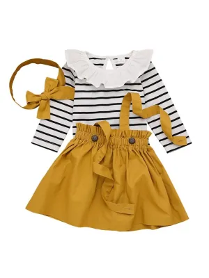 Autumn 3-Piece Baby Girl Striped Romper Jumper Skirt Headband