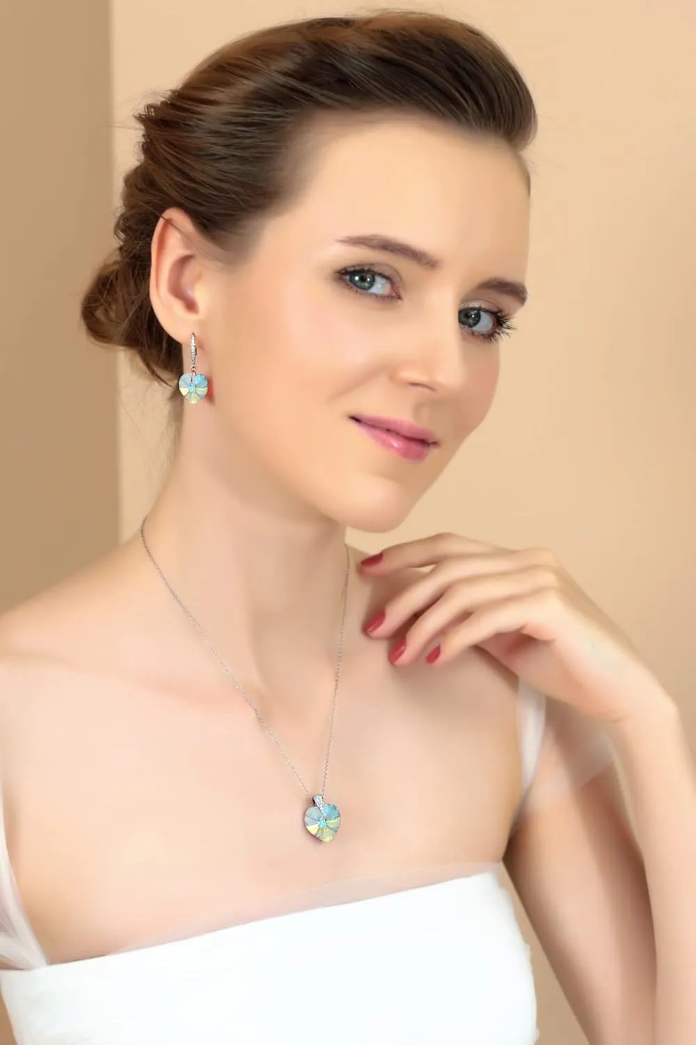 B. BRILLIANT Sterling Silver European Crystal Heart Love Necklace & Dangle Earrings Jewelry Set for Women with Gift Box