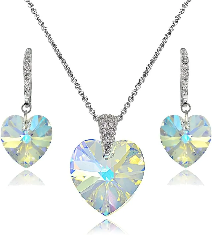 B. BRILLIANT Sterling Silver European Crystal Heart Love Necklace & Dangle Earrings Jewelry Set for Women with Gift Box