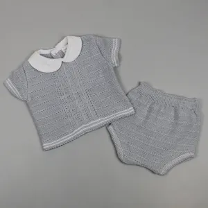 Baby Boys 2 Piece Knitted Outfit - Jam Pants and Top - Grey