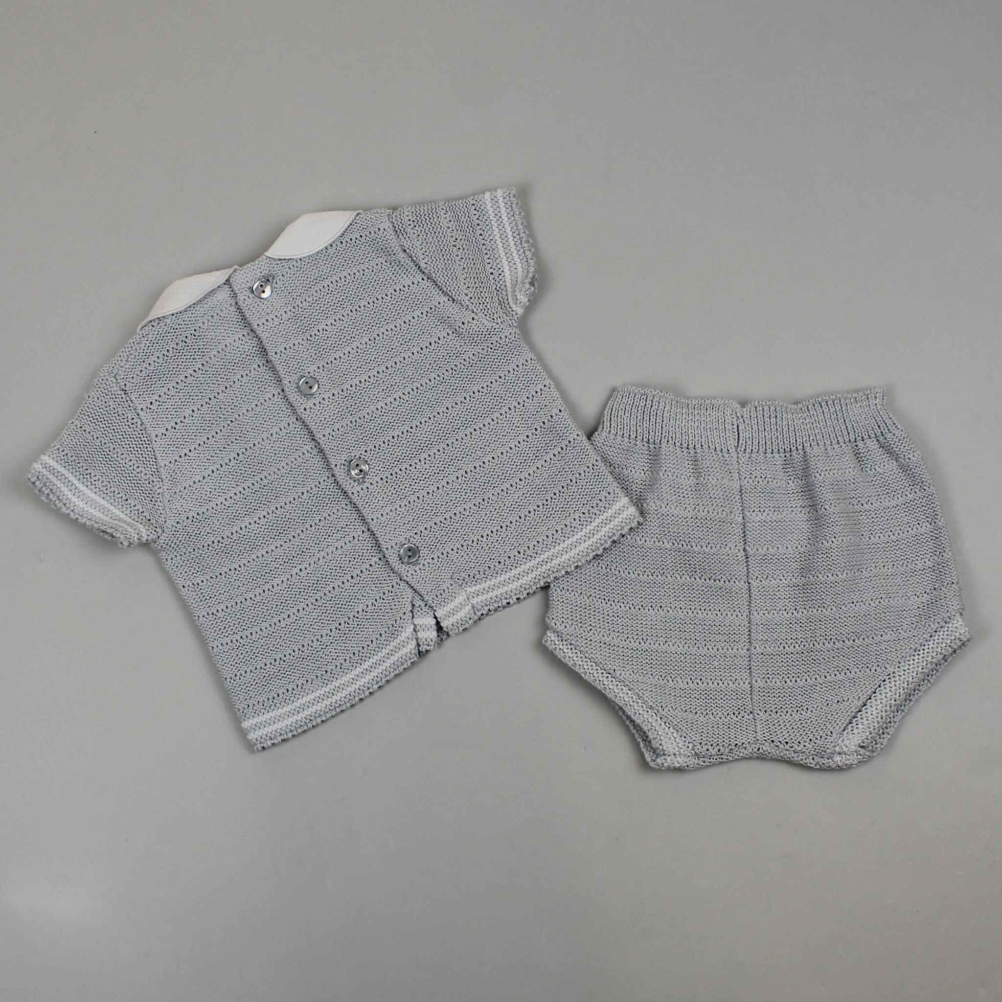 Baby Boys 2 Piece Knitted Outfit - Jam Pants and Top - Grey