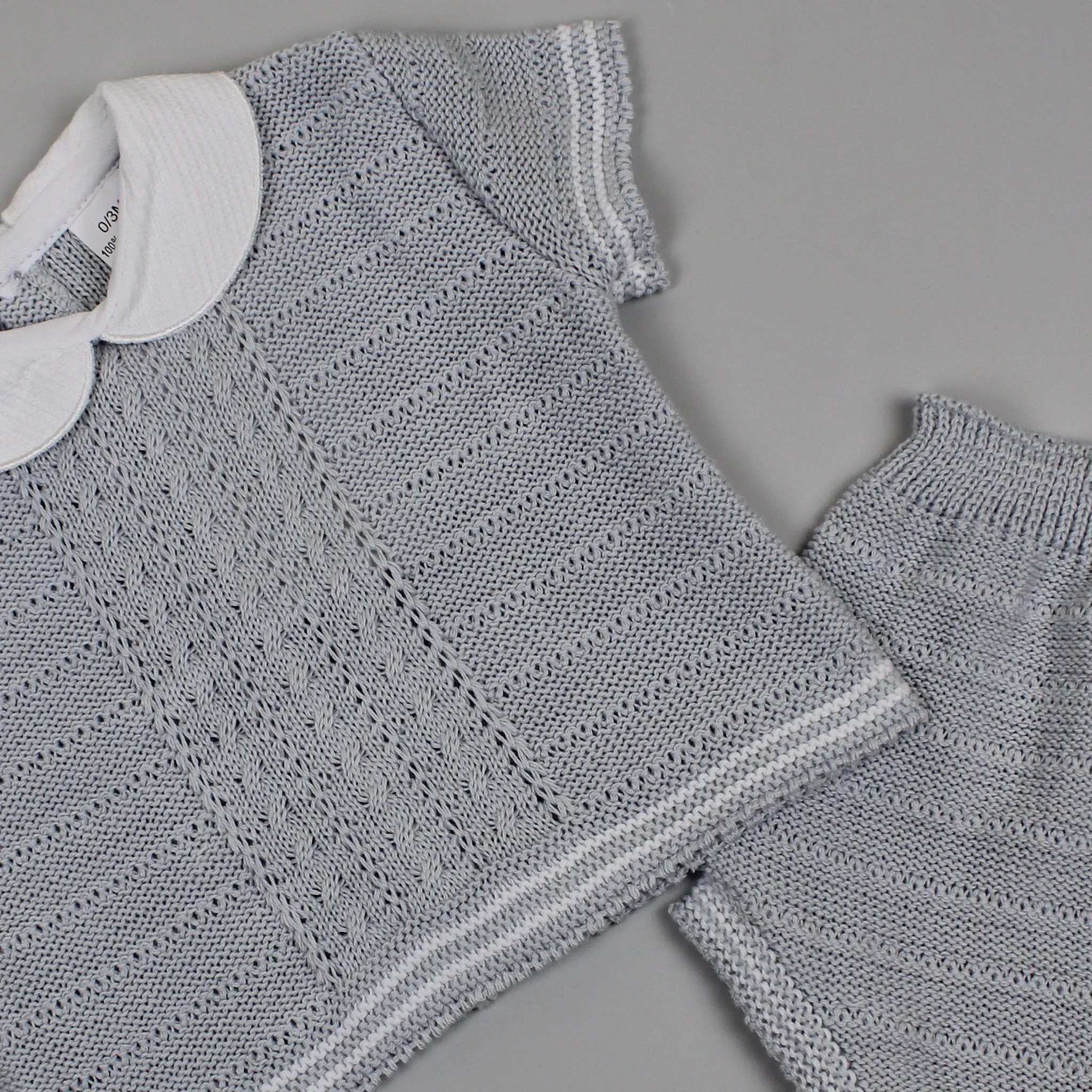 Baby Boys 2 Piece Knitted Outfit - Jam Pants and Top - Grey