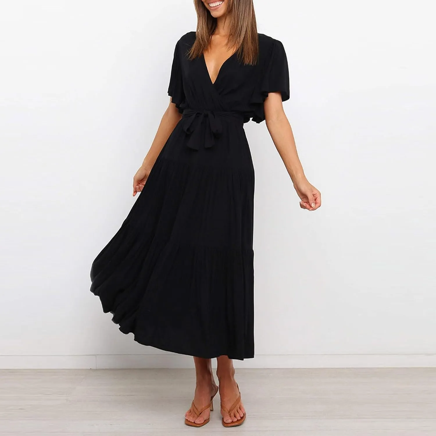 Beach Dresses for Women Summer Pleated Dress Short Sleeve V Neck Midi Dresses High Waist Party Dress Spring with Belt