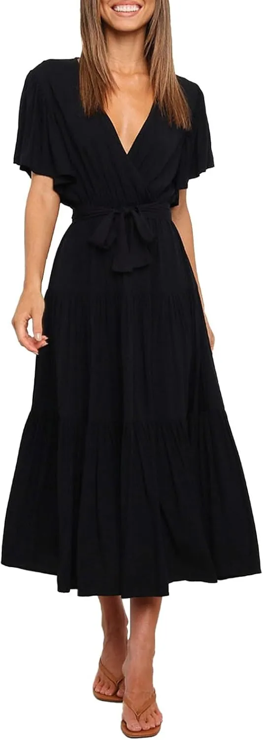Beach Dresses for Women Summer Pleated Dress Short Sleeve V Neck Midi Dresses High Waist Party Dress Spring with Belt