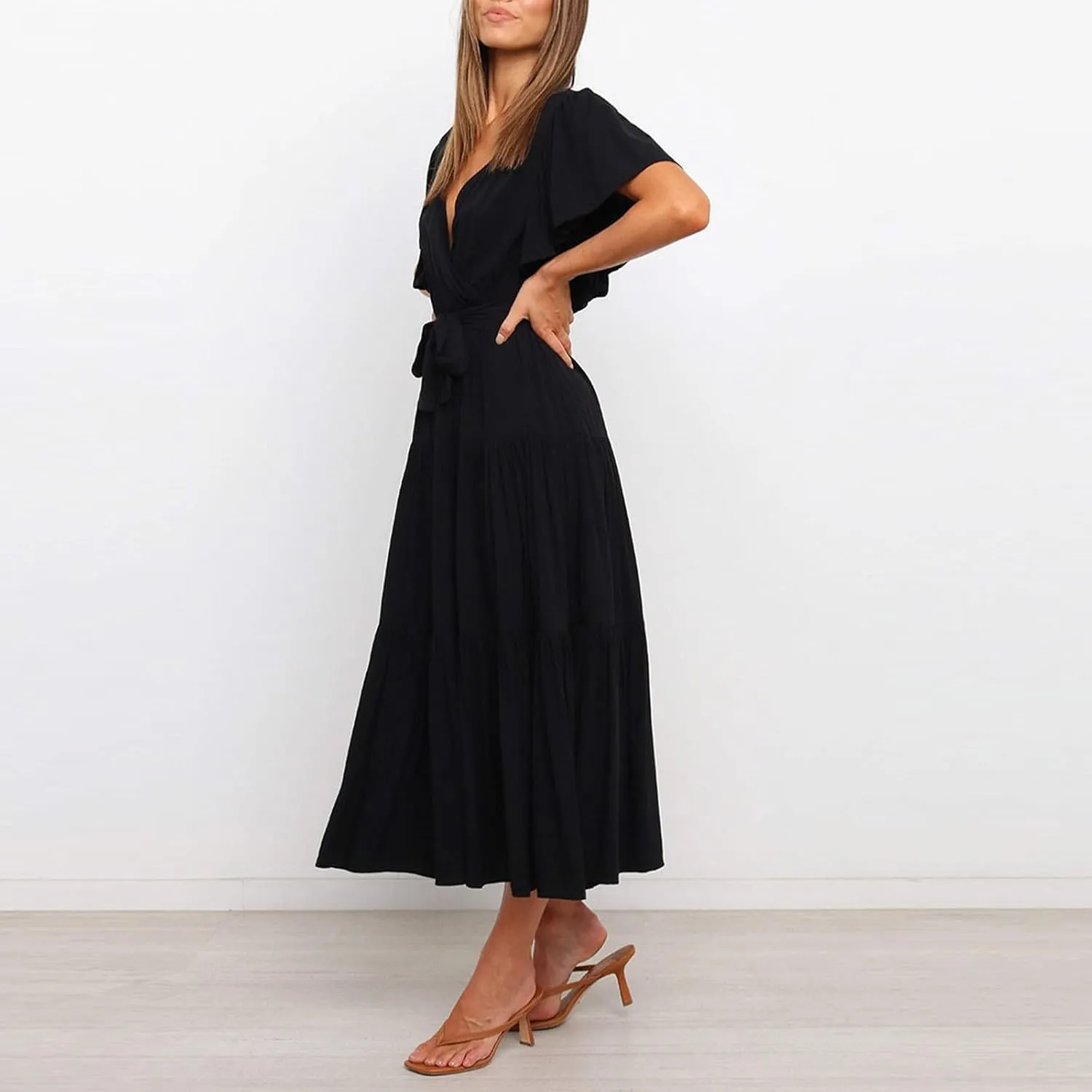 Beach Dresses for Women Summer Pleated Dress Short Sleeve V Neck Midi Dresses High Waist Party Dress Spring with Belt