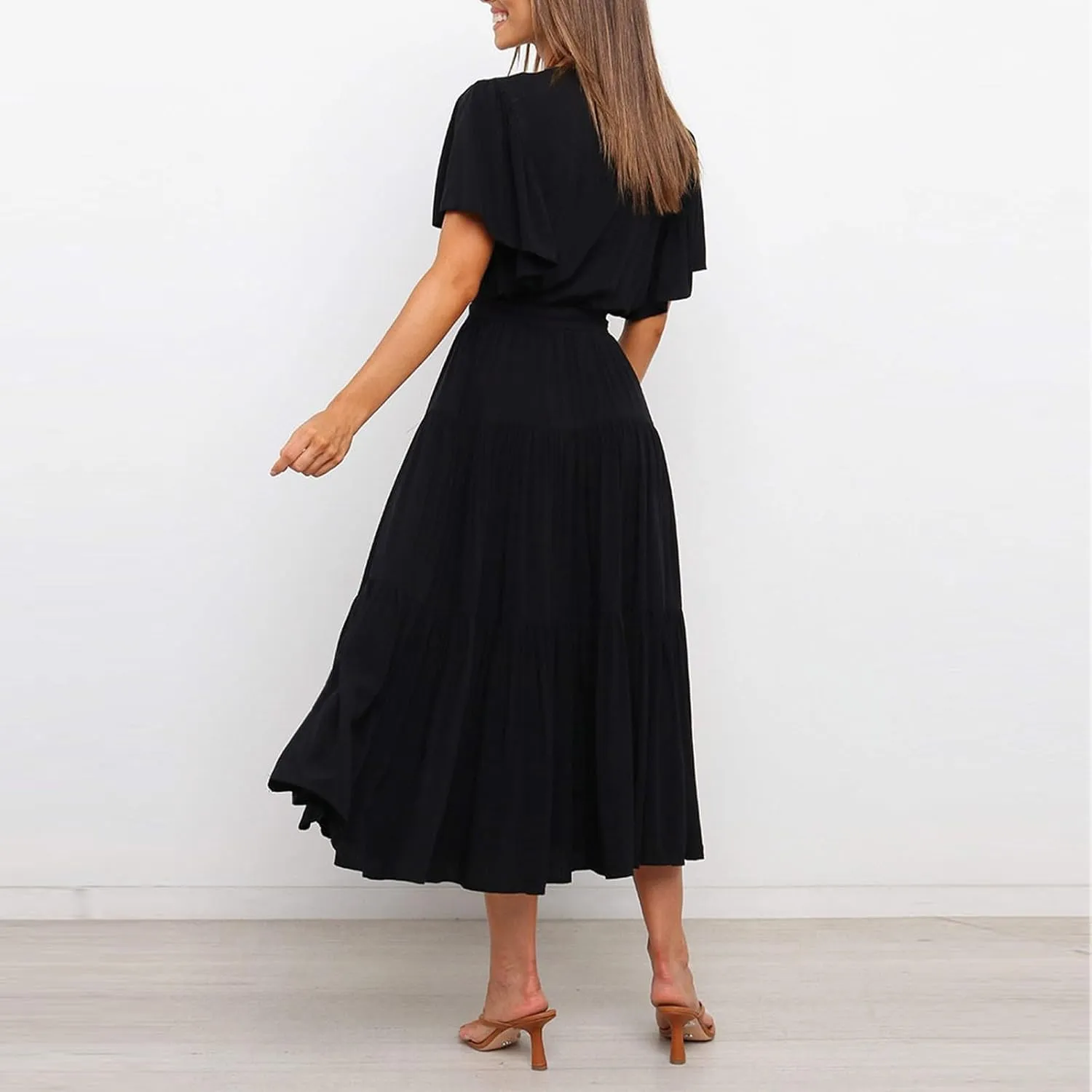 Beach Dresses for Women Summer Pleated Dress Short Sleeve V Neck Midi Dresses High Waist Party Dress Spring with Belt