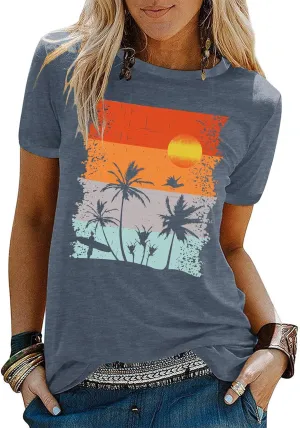 Beach Shirts for Women Hawaiian Graphic Tees Sunshine Summer Vacation Vintage Tshirt Tops