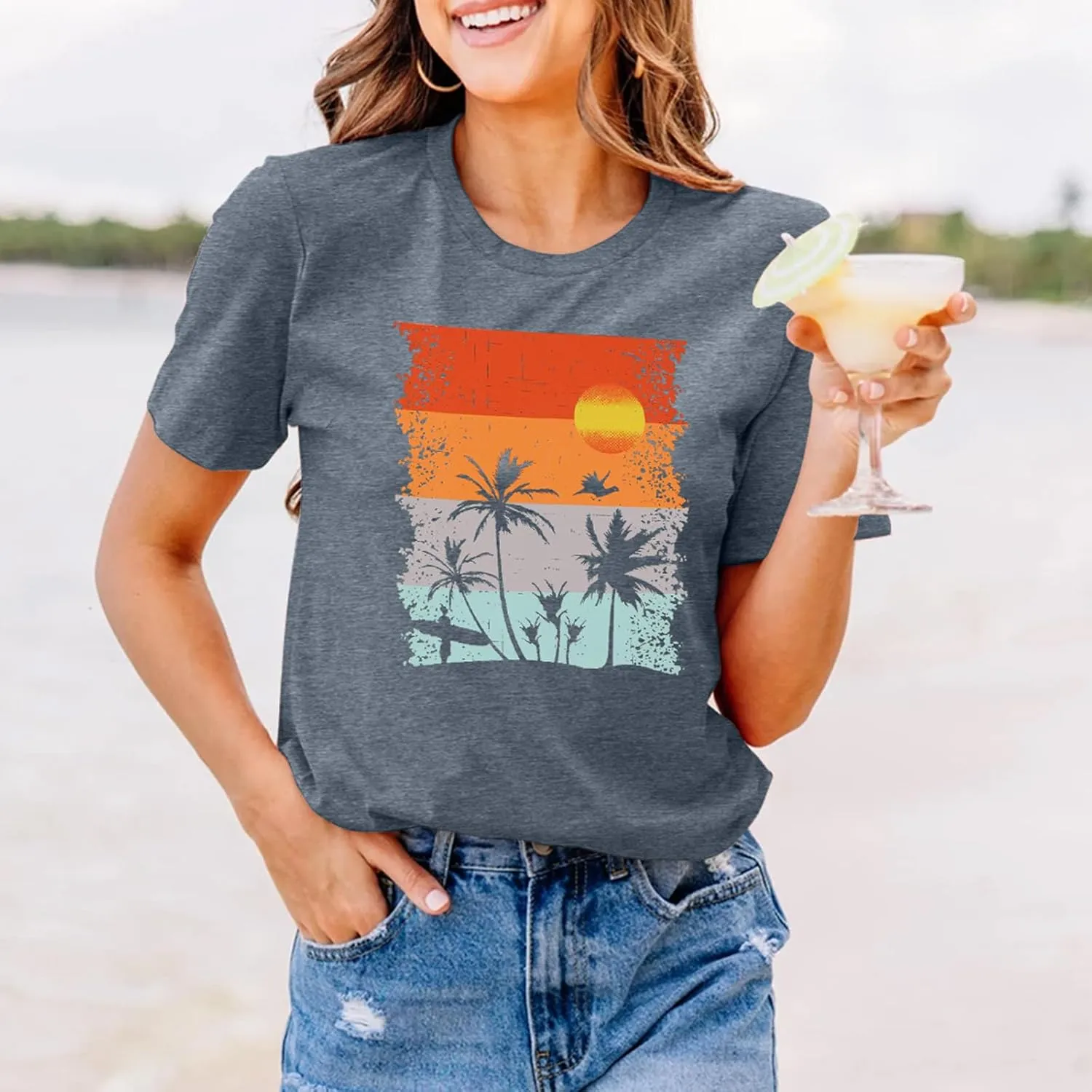 Beach Shirts for Women Hawaiian Graphic Tees Sunshine Summer Vacation Vintage Tshirt Tops