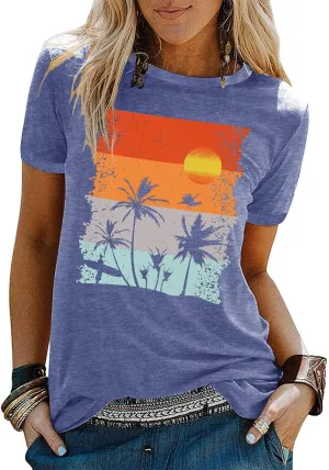 Beach Shirts for Women Hawaiian Graphic Tees Sunshine Summer Vacation Vintage Tshirt Tops