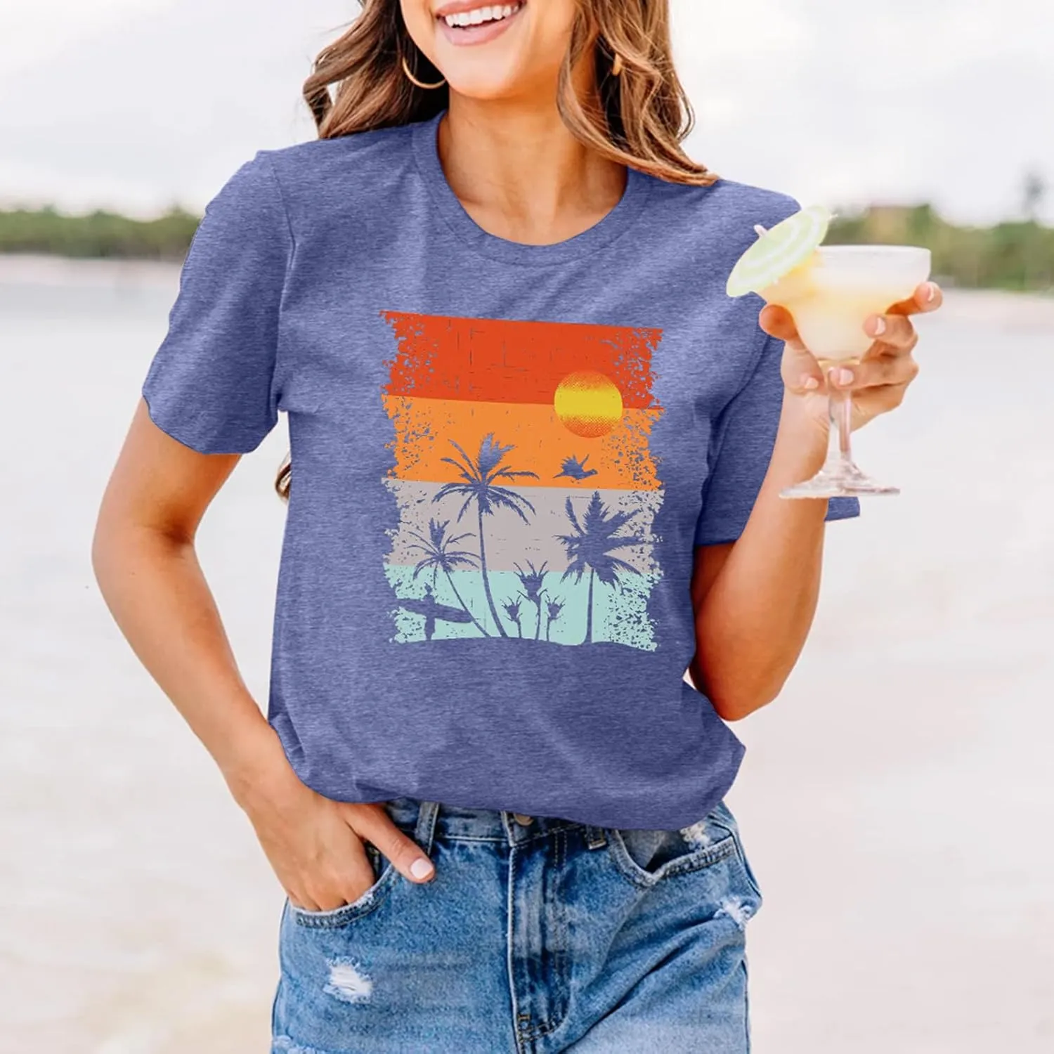 Beach Shirts for Women Hawaiian Graphic Tees Sunshine Summer Vacation Vintage Tshirt Tops
