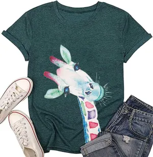 Beopjesk Womens Summer Giraffe Printed T-Shirt Funny Cute Animal Graphic Tees Tops