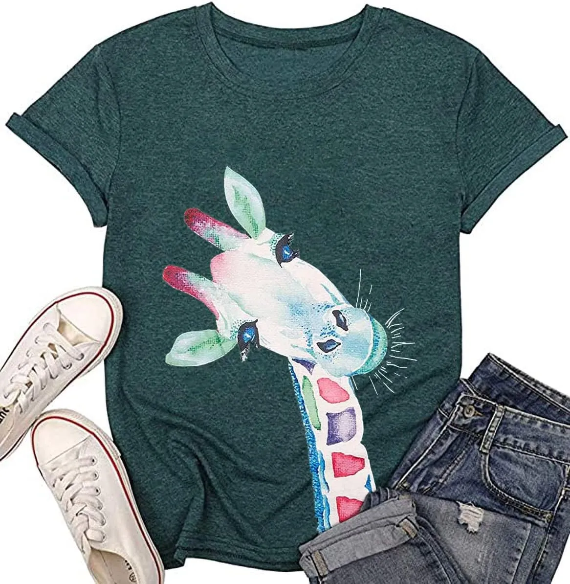 Beopjesk Womens Summer Giraffe Printed T-Shirt Funny Cute Animal Graphic Tees Tops