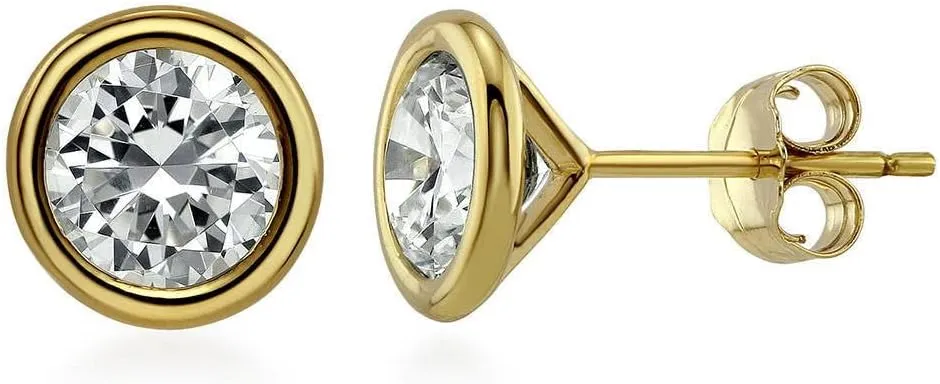 BERRICLE Sterling Silver Solitaire Bezel Set Round Cut Cubic Zirconia Stud Earrings, Unisex for Women/Men, Yellow Gold/Rhodium Plated, Small/Large CZ 4-9mm