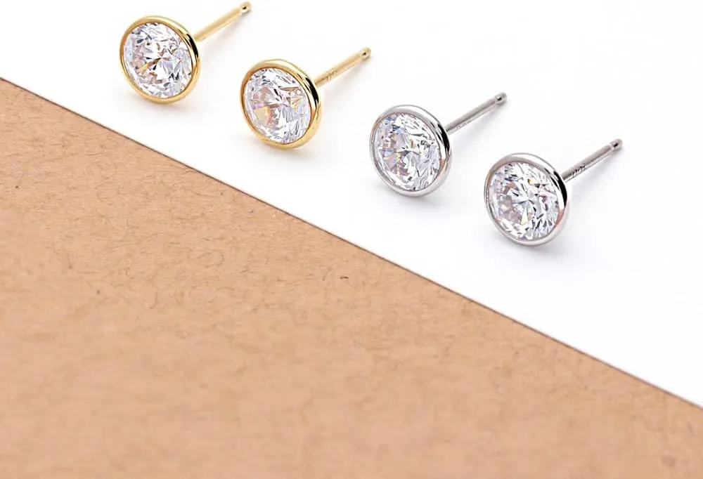 BERRICLE Sterling Silver Solitaire Bezel Set Round Cut Cubic Zirconia Stud Earrings, Unisex for Women/Men, Yellow Gold/Rhodium Plated, Small/Large CZ 4-9mm