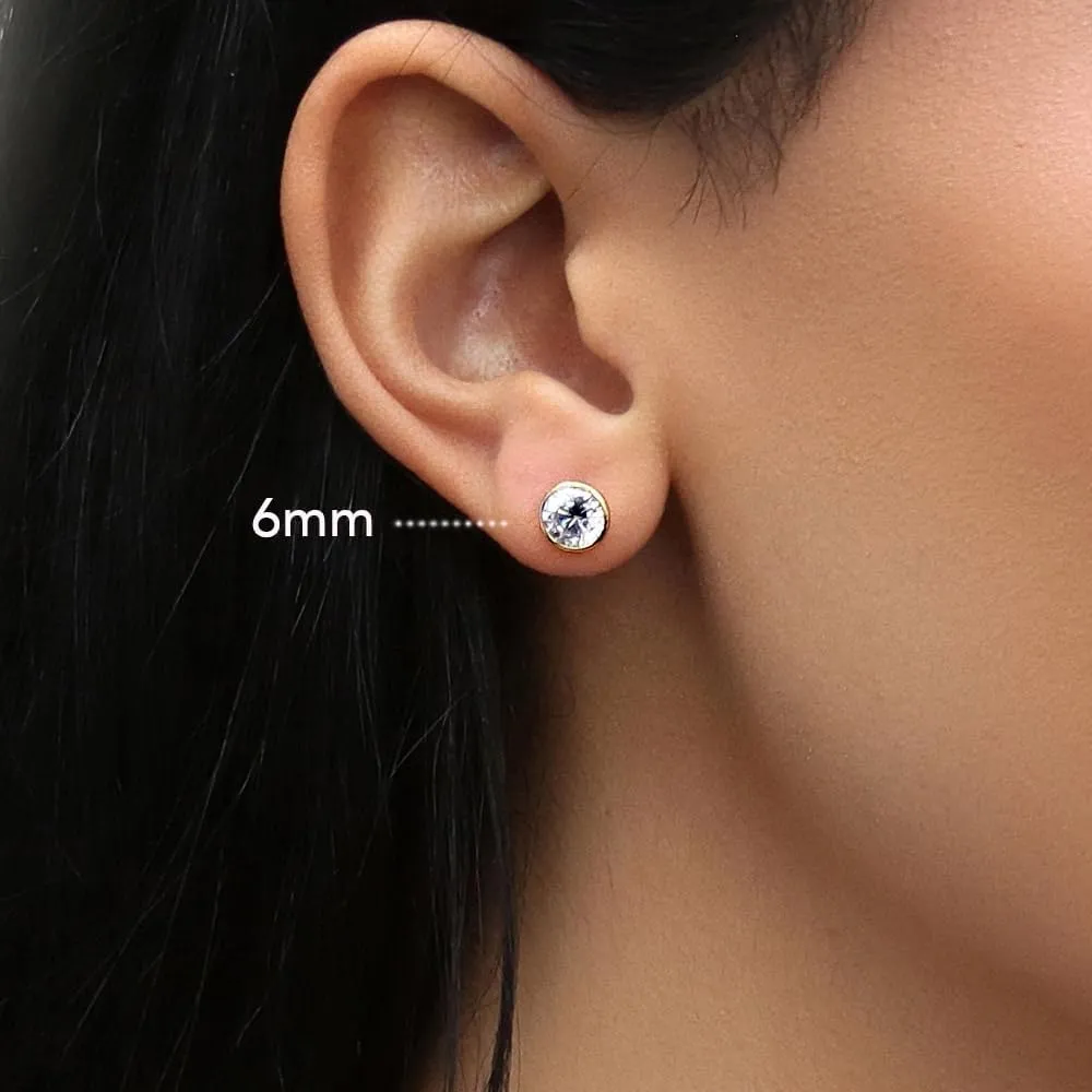 BERRICLE Sterling Silver Solitaire Bezel Set Round Cut Cubic Zirconia Stud Earrings, Unisex for Women/Men, Yellow Gold/Rhodium Plated, Small/Large CZ 4-9mm