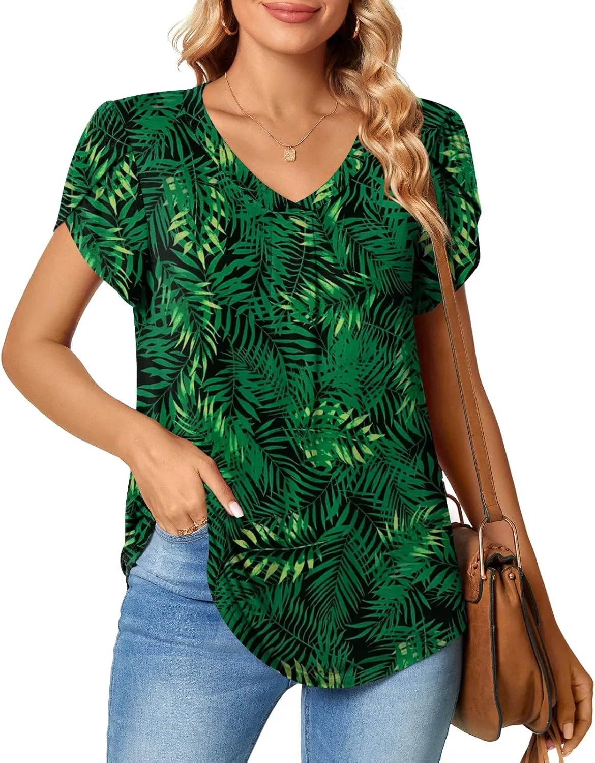 Bestbee Women's Plus Size Short Sleeve Blouses Summer Casual Loose Fit Tops V Neck Tunics