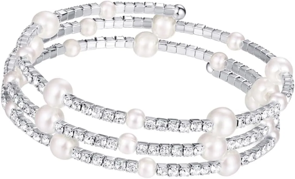 BESTYASH Diamond Pearl Bracelet Women's Rhinestone Jewelry Silver Bangle Fashion Accessory for Birthday Wedding Party