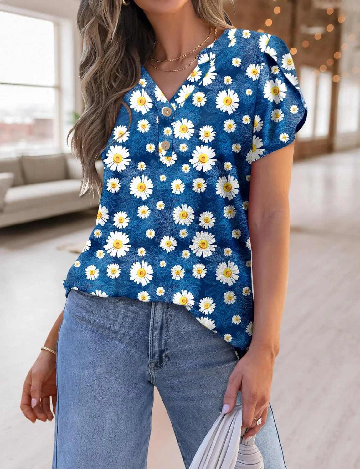 BETTE BOUTIK Womens Summer Shirts Short Sleeve V Neck Tunic Tops Casual Fashion Blouses