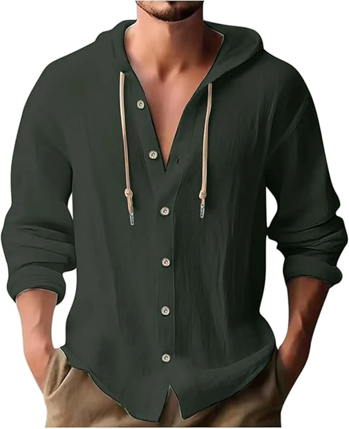 Big and Tall Linen Hoodie Beach Hippie Shirts for Men Casual Button Up Long Sleeve Shirts Plus Size Mens Linen Shirt
