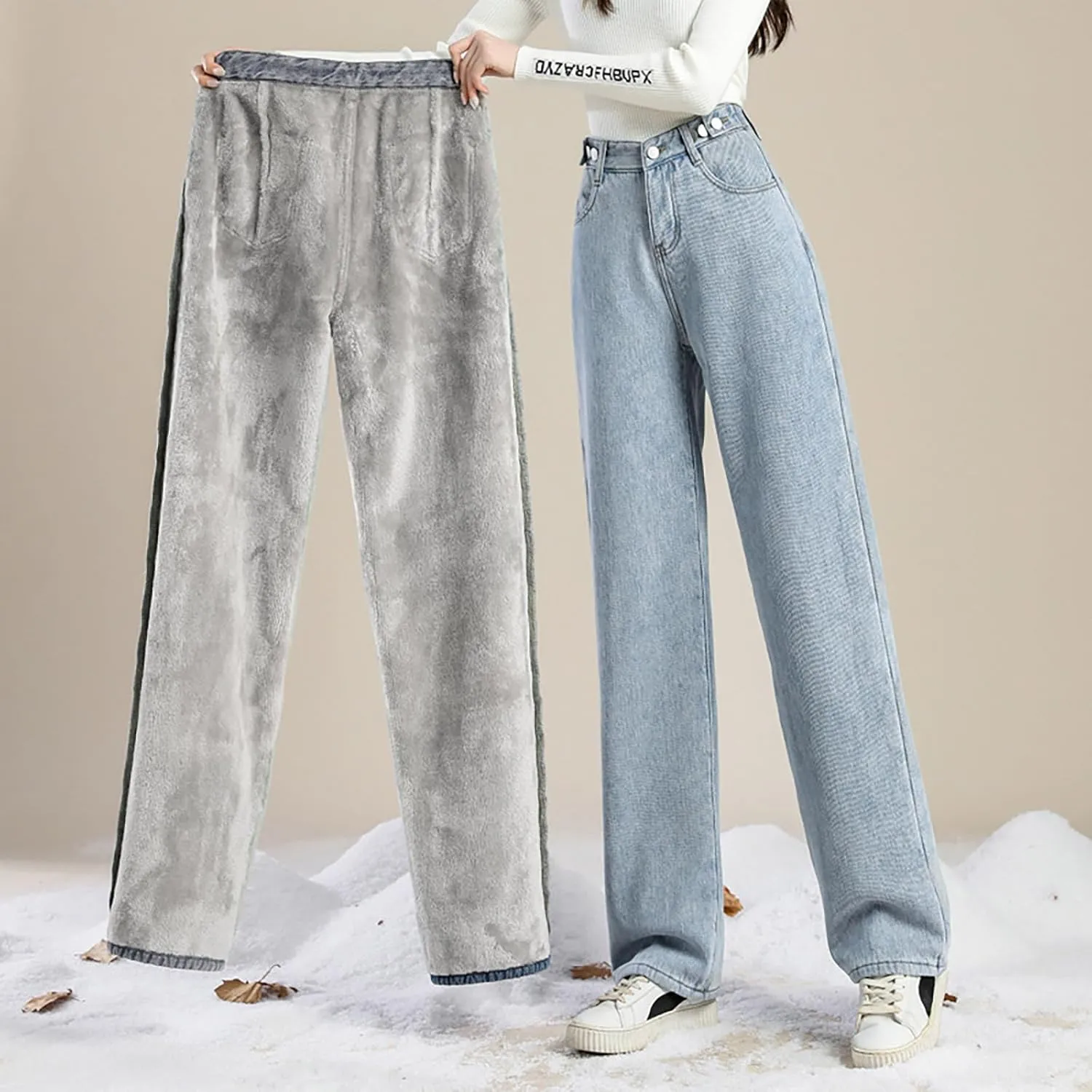 Binmer Fleece Lined Jeans Women High Waisted Stretchy Winter Warm Thermal Denim Pants Thick Wide Leg Trouser for Cold Weather