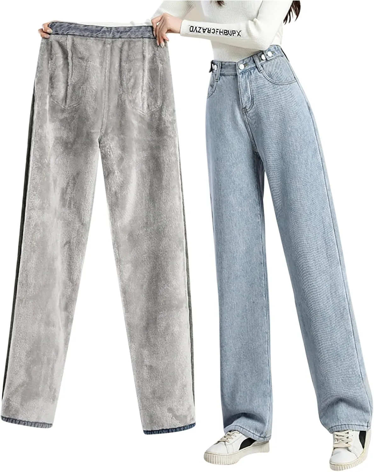 Binmer Fleece Lined Jeans Women High Waisted Stretchy Winter Warm Thermal Denim Pants Thick Wide Leg Trouser for Cold Weather