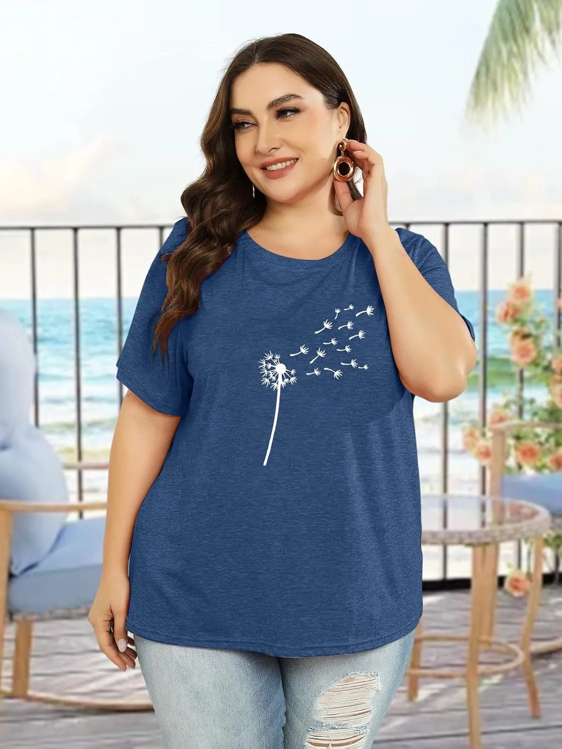 Binshre Plus Size Tops for Women Cute Graphic Tees Loose Fit Flower Printing Short Sleeve Crew Neck T Shirts