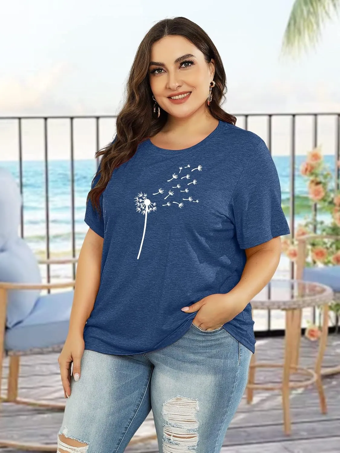 Binshre Plus Size Tops for Women Cute Graphic Tees Loose Fit Flower Printing Short Sleeve Crew Neck T Shirts