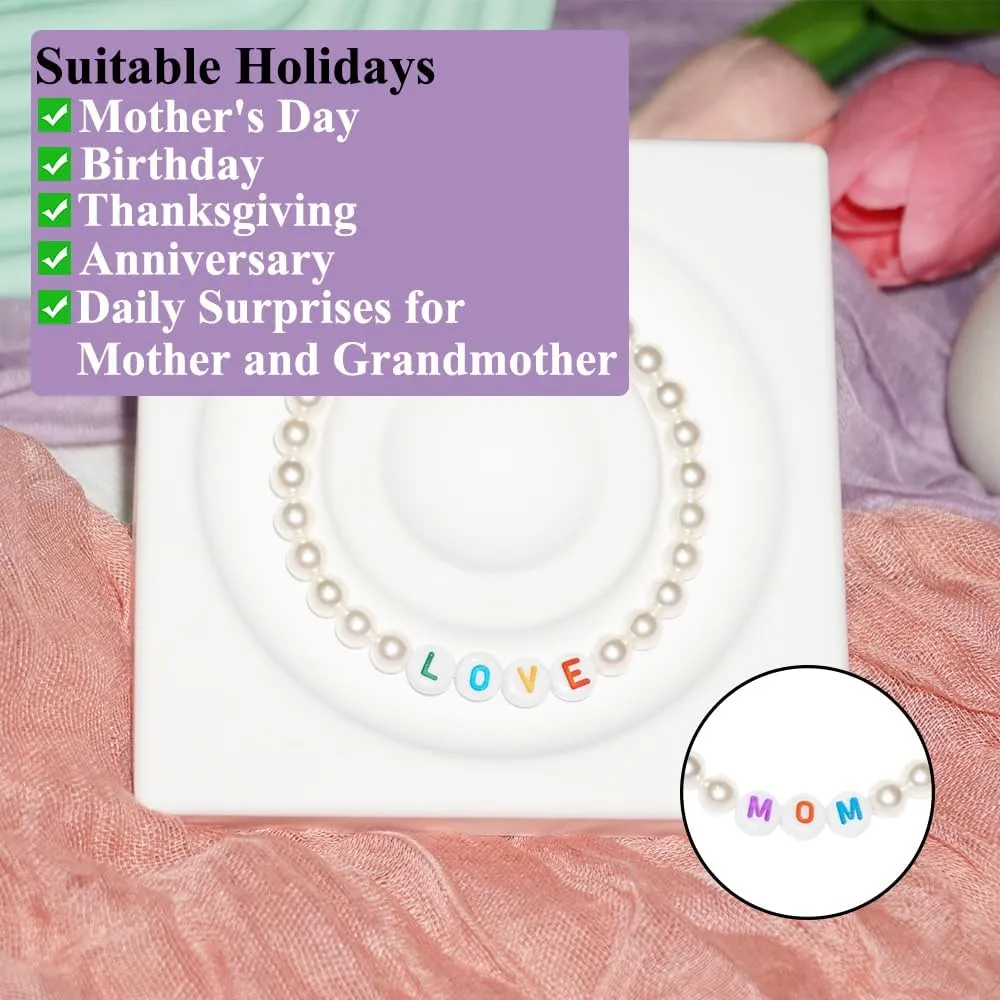 Birthday Gifts for Mom Grandma, Pearl Bracelets for Women, White Stretch Pearl Bracelet with MOM LOVE Letter, 4mm 6mm 8mm Faux Beaded Bracelets for Mother's Day Anniversary