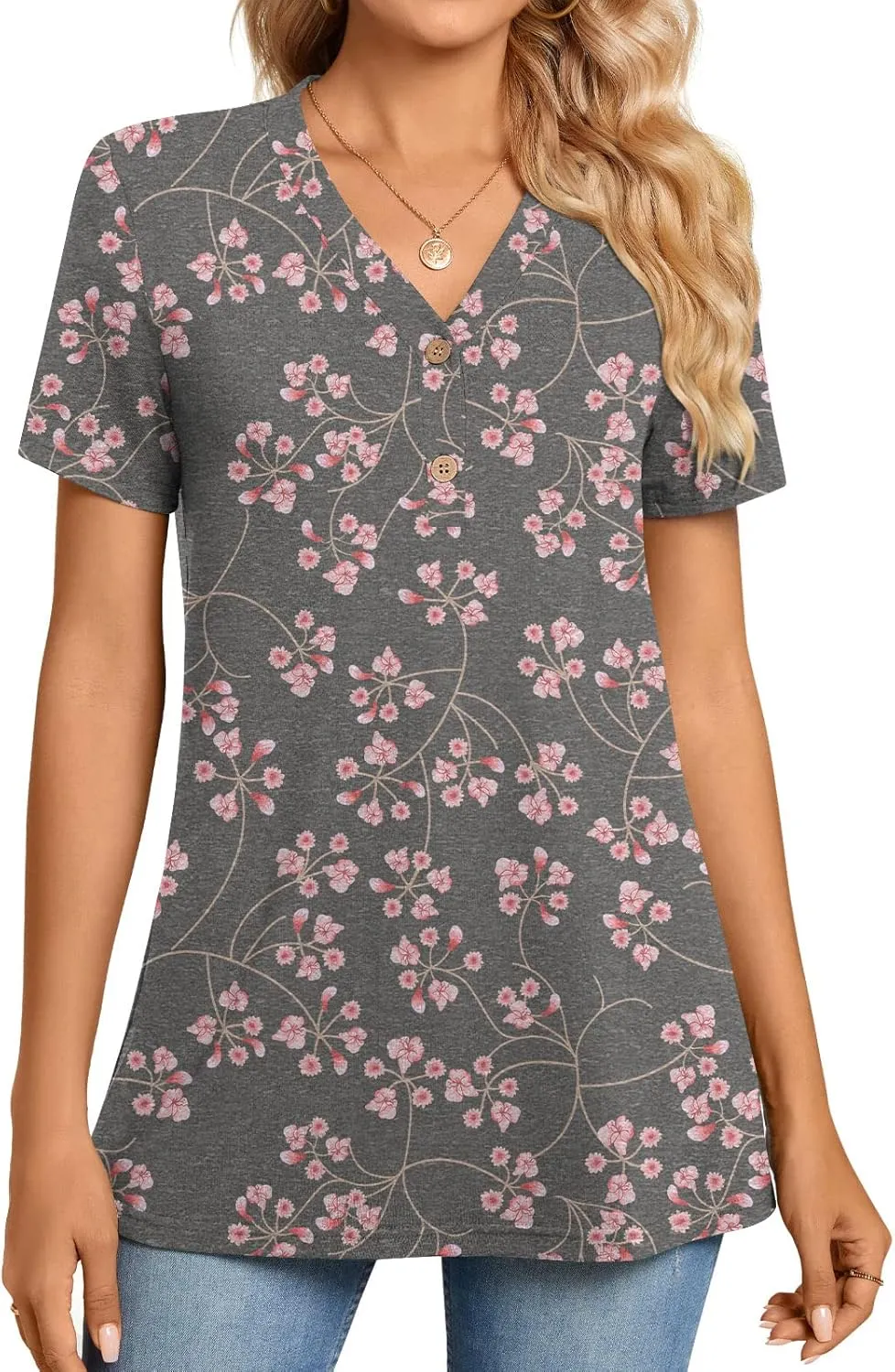 BISHUIGE Womens Henley Tunic Tops Button Up Tshirts Short Sleeve Vneck Casual Blouses