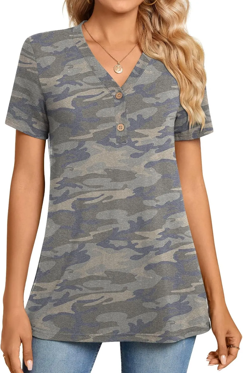 BISHUIGE Womens Henley Tunic Tops Button Up Tshirts Short Sleeve Vneck Casual Blouses
