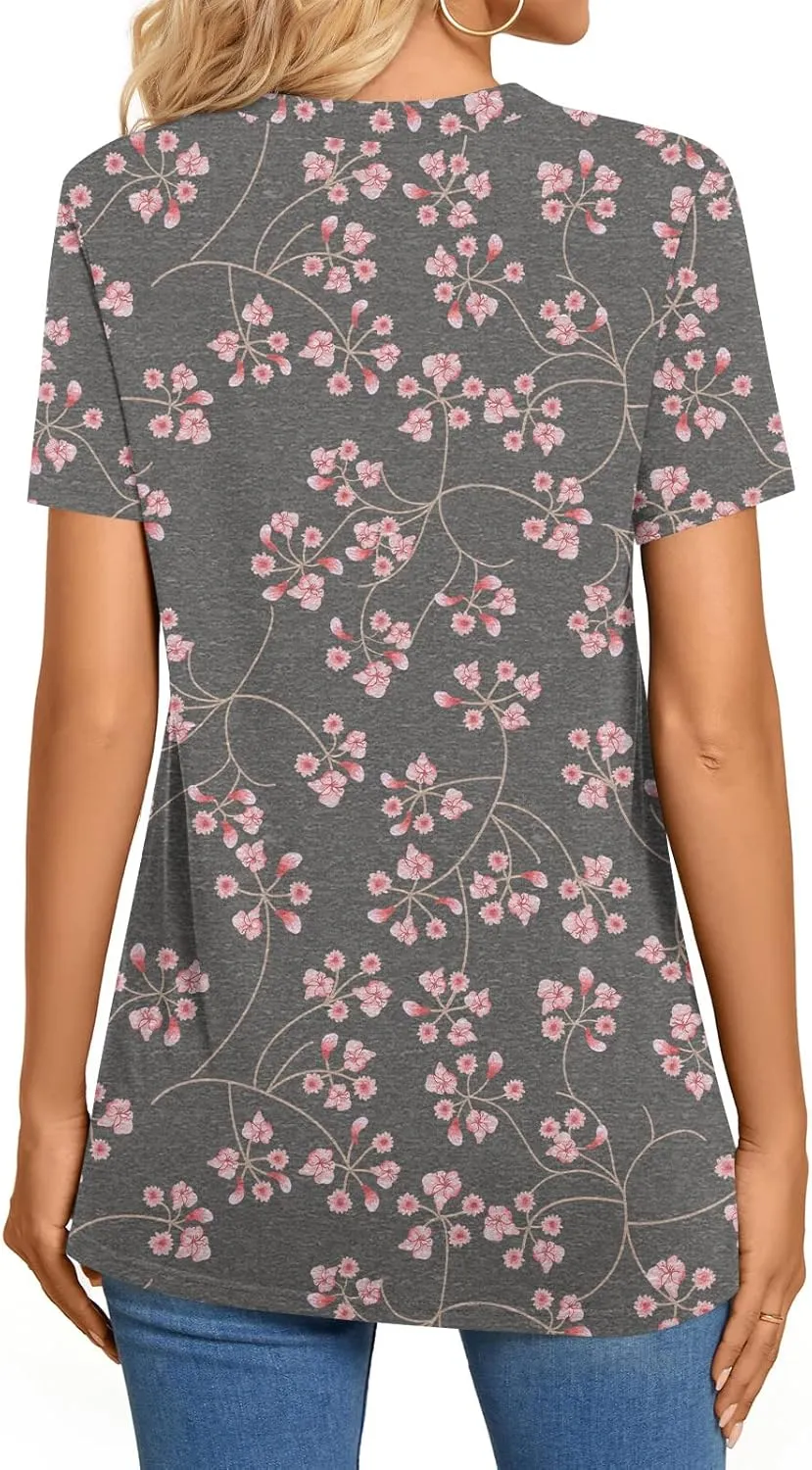 BISHUIGE Womens Henley Tunic Tops Button Up Tshirts Short Sleeve Vneck Casual Blouses
