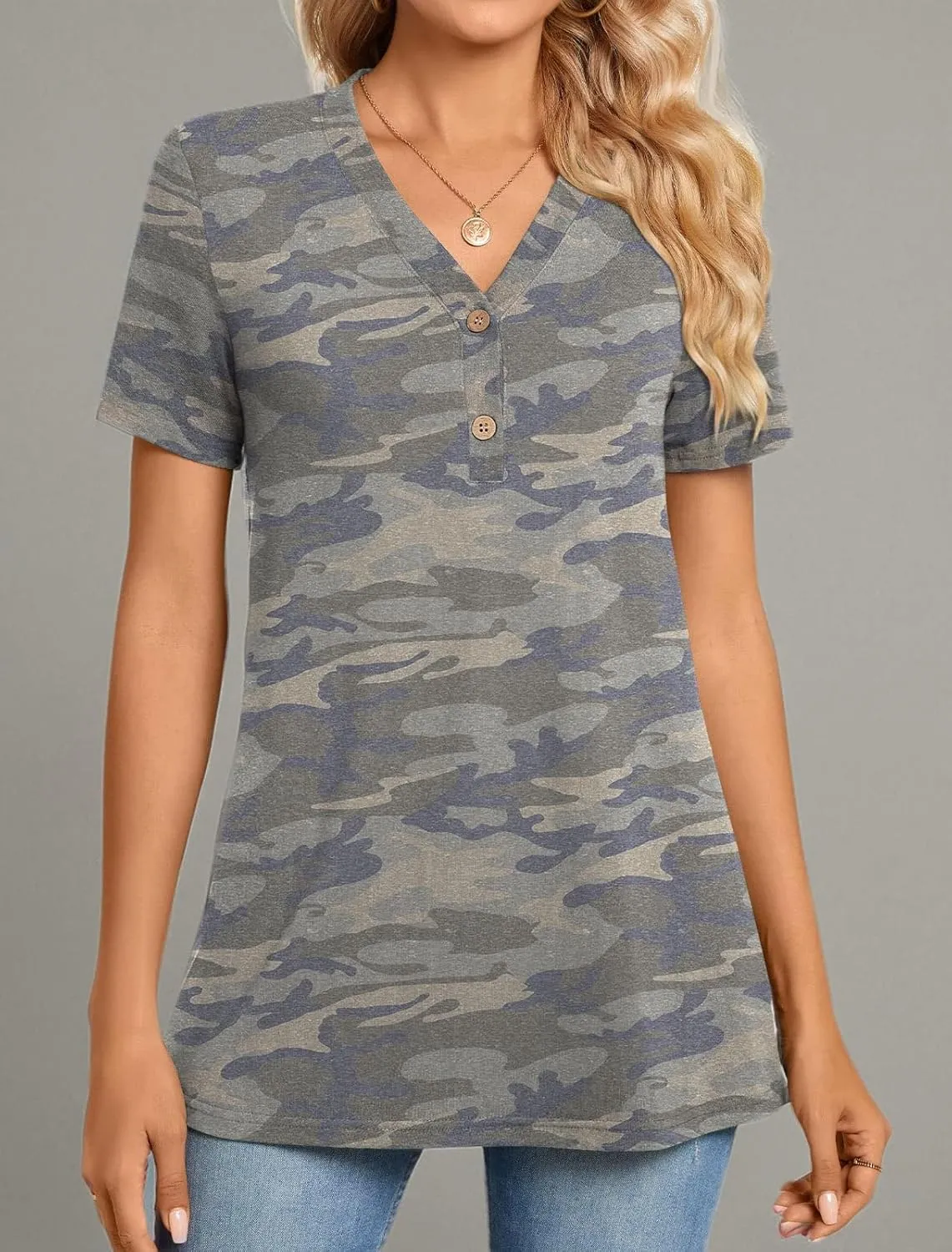 BISHUIGE Womens Henley Tunic Tops Button Up Tshirts Short Sleeve Vneck Casual Blouses