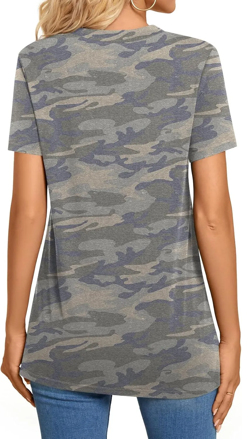 BISHUIGE Womens Henley Tunic Tops Button Up Tshirts Short Sleeve Vneck Casual Blouses