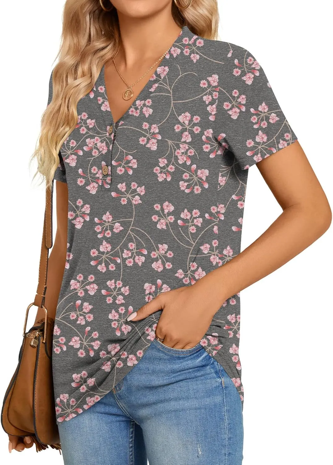 BISHUIGE Womens Henley Tunic Tops Button Up Tshirts Short Sleeve Vneck Casual Blouses