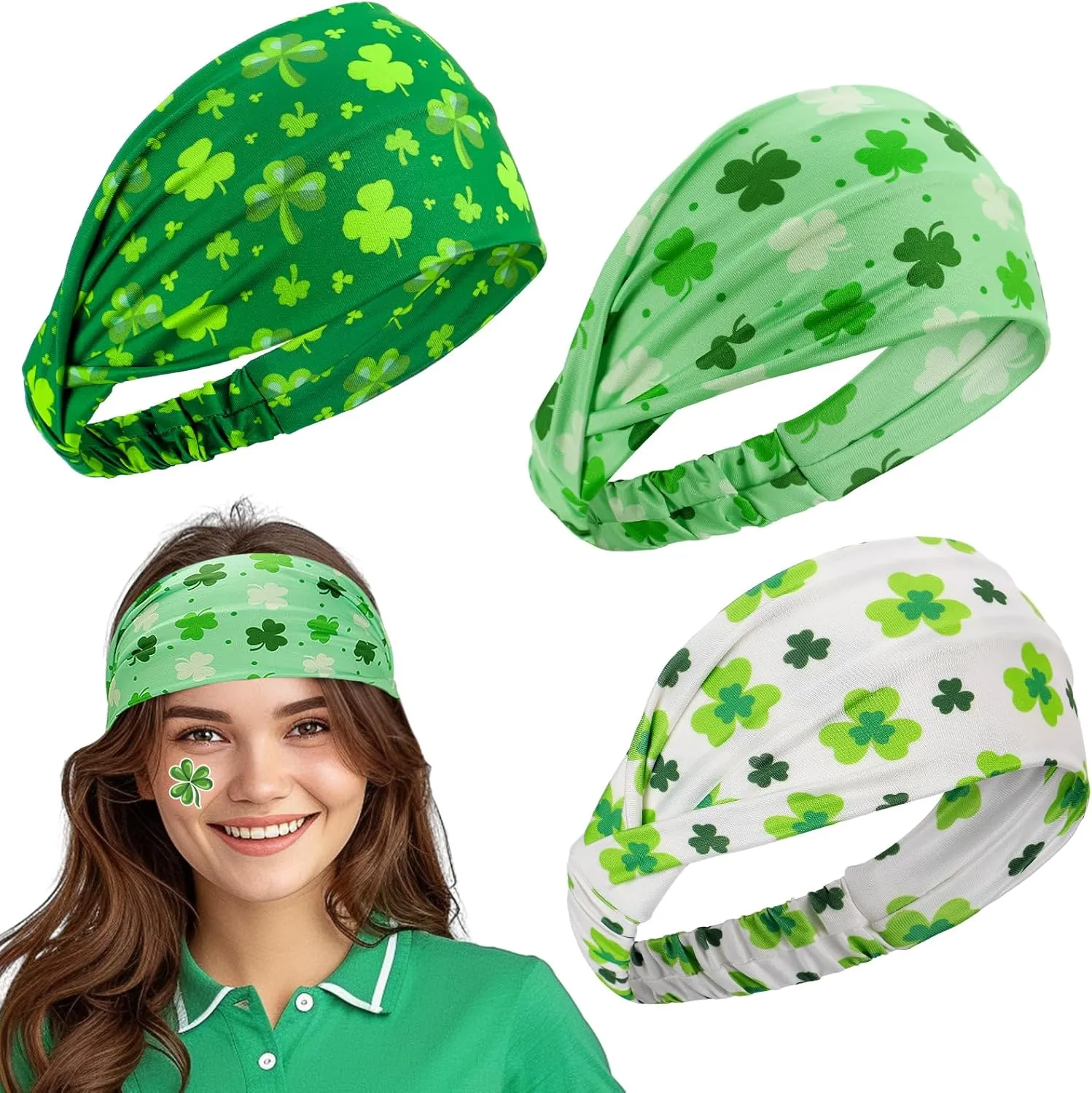 Biubee St. Patrick's Day Headband- Elastic Soft Green Shamrock Headband, No Slip Shamrock Leaves Hairbands for St. Patrick's Day Costume Cosplay Party Hair Accessories, 3Pcs