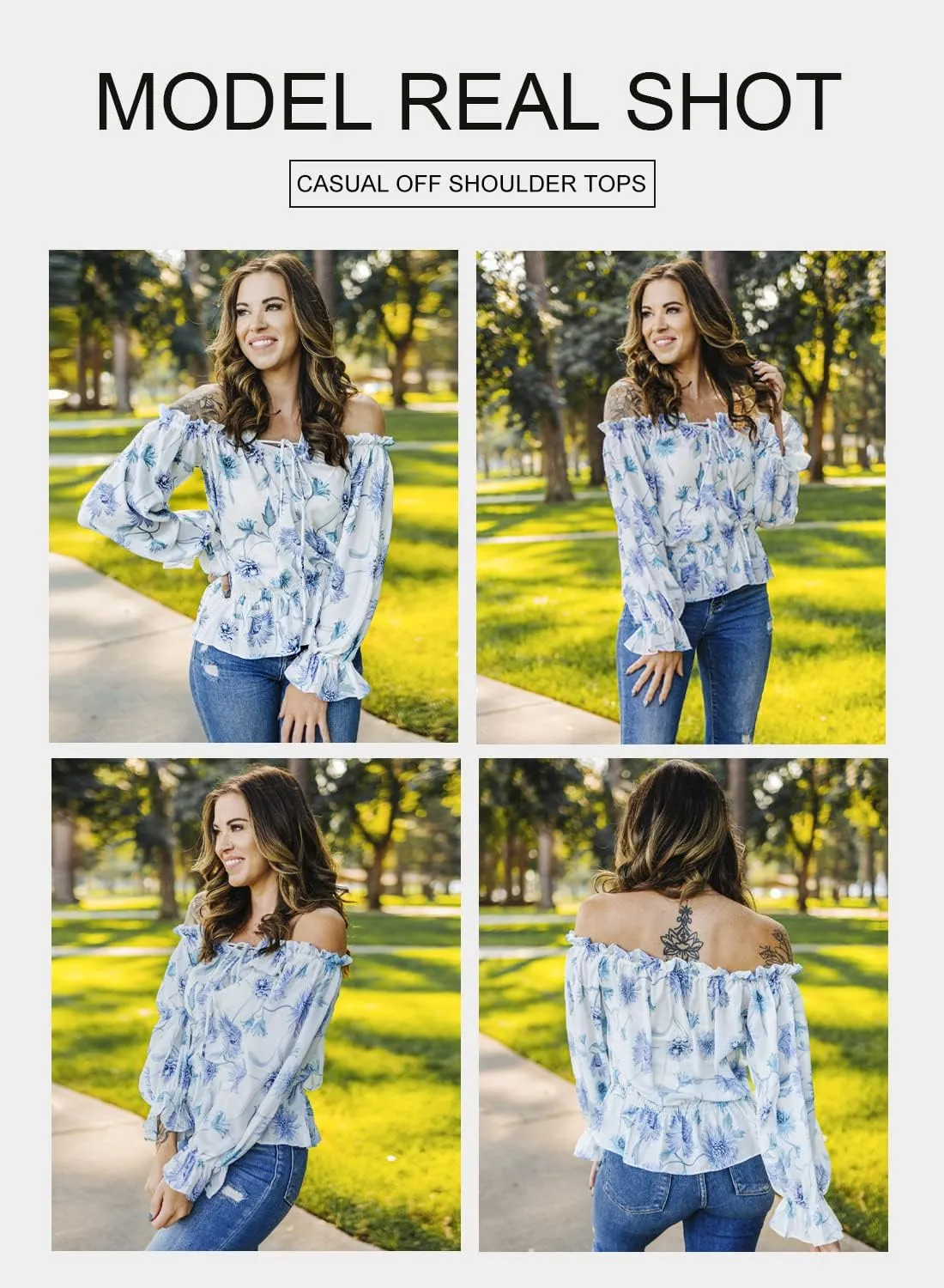 BLENCOT Summer Sexy Off Shoulder Tops for Women Boho Ruffle Sleeve Floral Chiffon Shirts Blouses