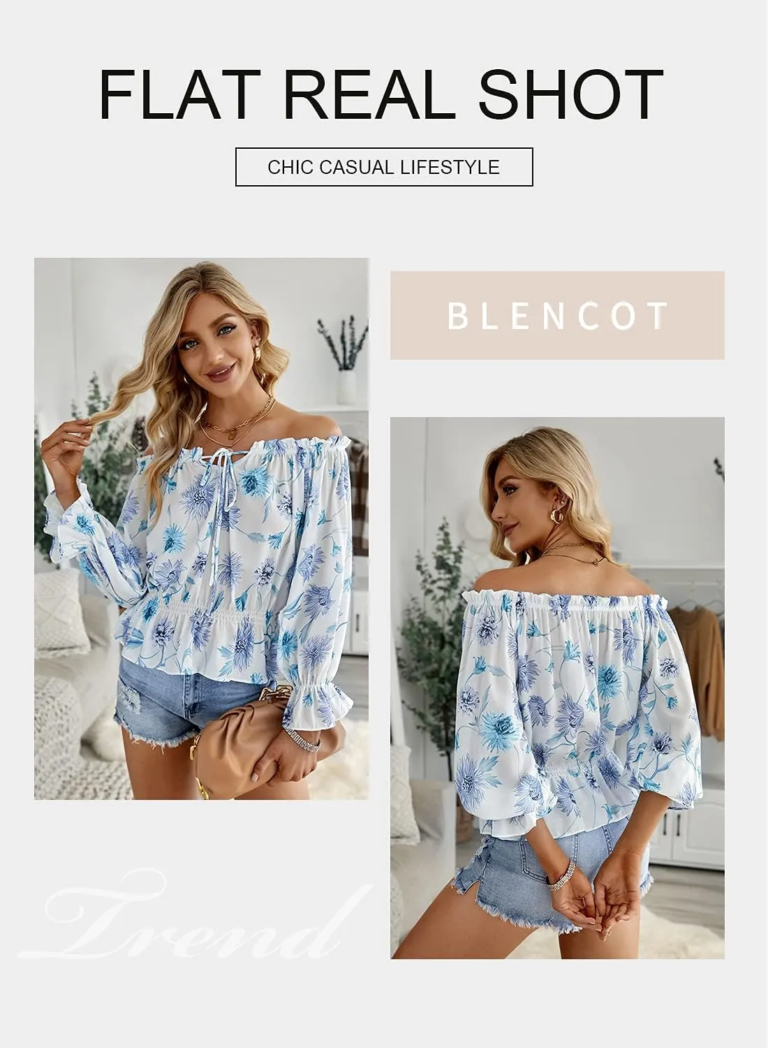 BLENCOT Summer Sexy Off Shoulder Tops for Women Boho Ruffle Sleeve Floral Chiffon Shirts Blouses
