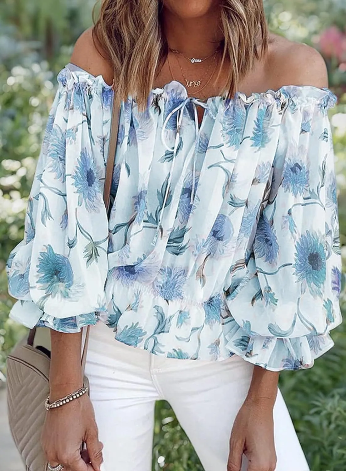 BLENCOT Summer Sexy Off Shoulder Tops for Women Boho Ruffle Sleeve Floral Chiffon Shirts Blouses