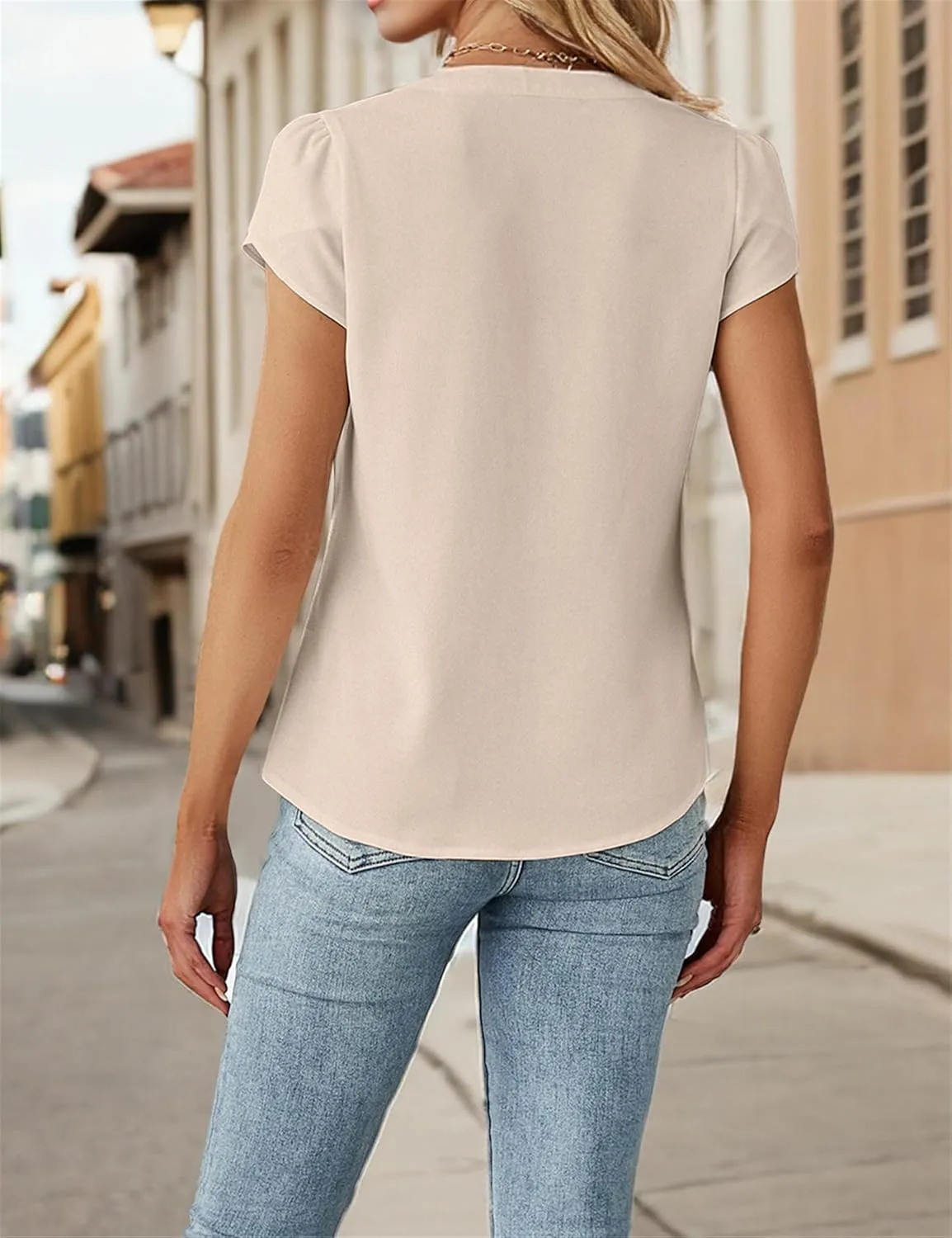 Blooming Jelly Womens Dressy Casual Tops Business Casual Cap Sleeve Work Blouses Chiffon V Neck Button Down Shirts
