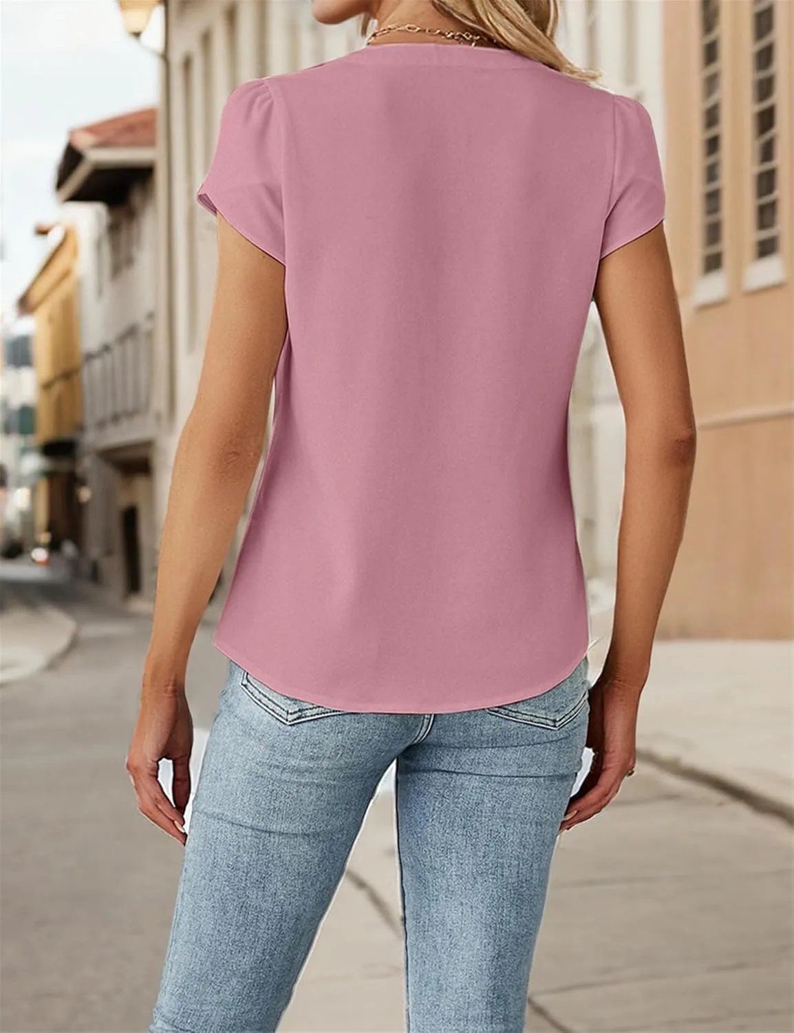 Blooming Jelly Womens Dressy Casual Tops Business Casual Cap Sleeve Work Blouses Chiffon V Neck Button Down Shirts